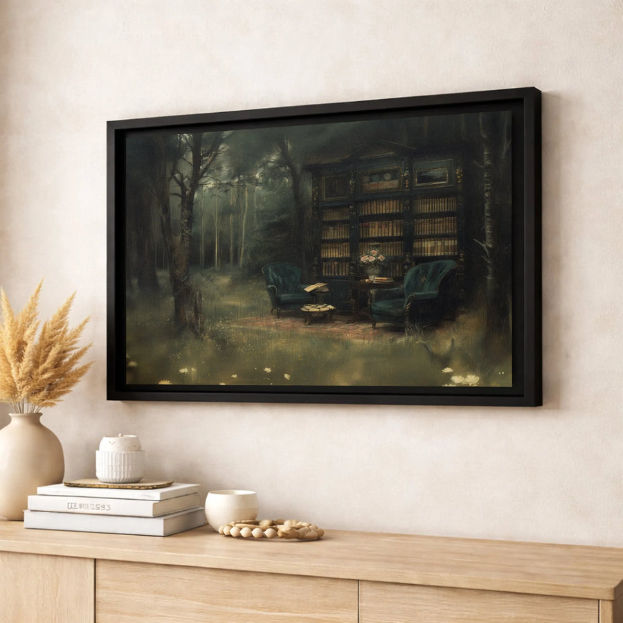 Surreal Forest Library Canvas Print | Moody Dark Academia Wall Art | Premium Gallery-Wrapped Gallery Quality | Unique Gift for Book Lovers