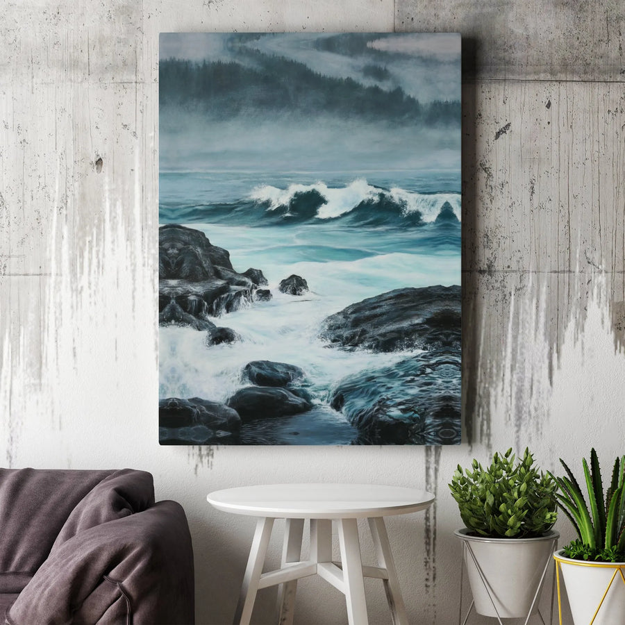 Moody Seascape Canvas Wall Art | Crashing Waves Coastal Landscape | Premium 1.25 Inch Gallery Wrap | Large Ocean Print for Modern Home Decor
