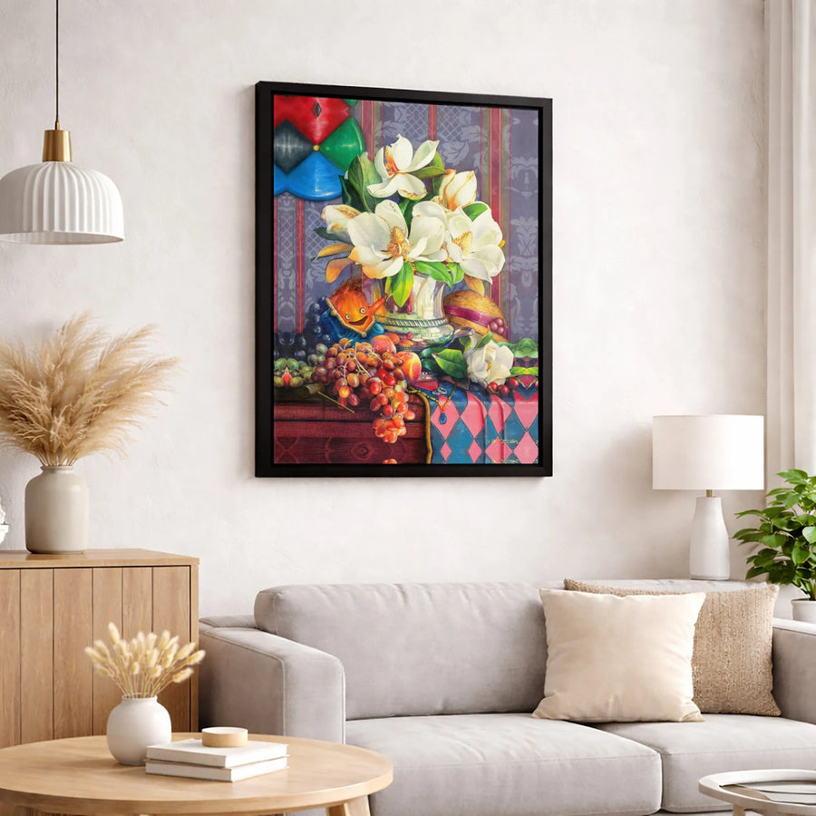 Whimsical Still Life Canvas | Magnolias and Grapes Art Print | Gallery Quality 1.25-inch Profile | Unique Home Decor Wall Art Gift