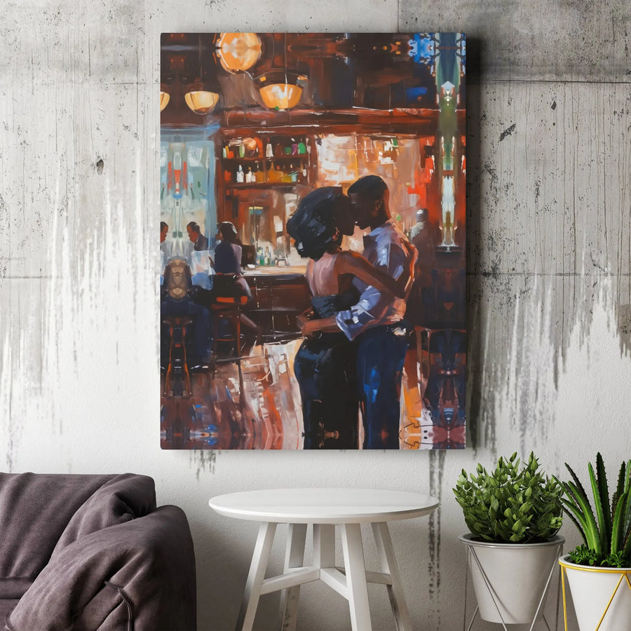 Romantic Black Couple Canvas Wall Art | Impressionist Bar Kissing Portrait | Premium 1.25" Gallery Wrap | Modern Home Decor Gift