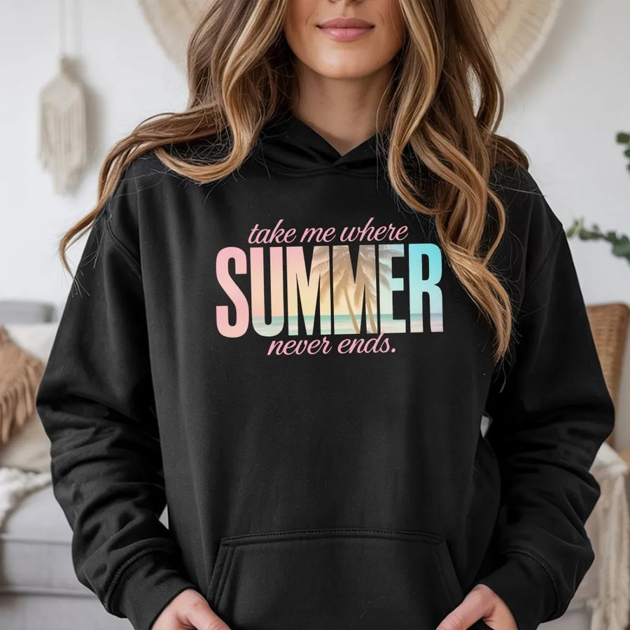 Summer Never Ends Hoodie | Coastal Aesthetic Palm Tree Graphic | Premium Cotton Blend | Gift for Beach Lover