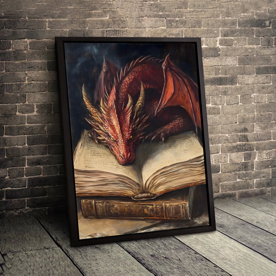 Red Dragon Wall Art | Sleeping Dragon on Ancient Book Fantasy Print | Premium 1.25-inch Canvas | Gift for Fantasy Lovers and Book Readers