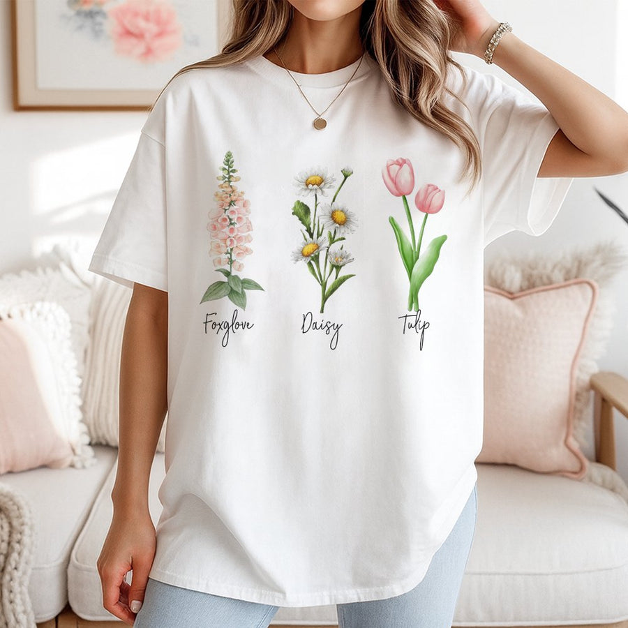 Botanical Flower T-Shirt | Foxglove Daisy Tulip Floral Graphic | Premium Soft Cotton Tee | Nature Lover Gift for Her