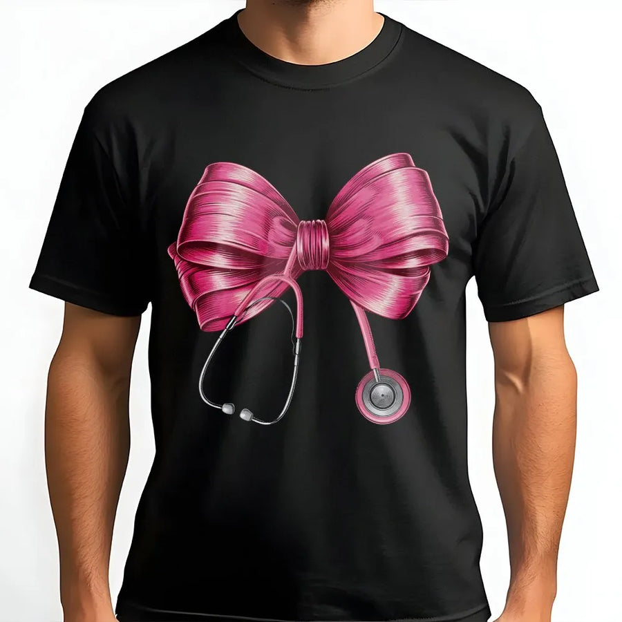 Nurse Stethoscope Bow T-Shirt | Coquette Aesthetic Healthcare Design | 100% Cotton Premium Tee | Cute Gift for Nursing Students and RNs
