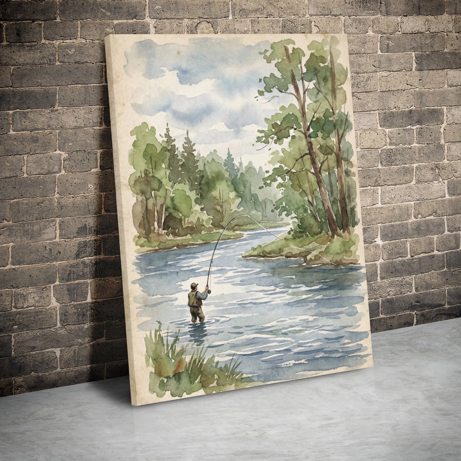Fly Fishing Wall Art | Watercolor Forest River Landscape | Premium Gallery Wrapped Canvas | Gift for Fisherman & Outdoorsman Decor