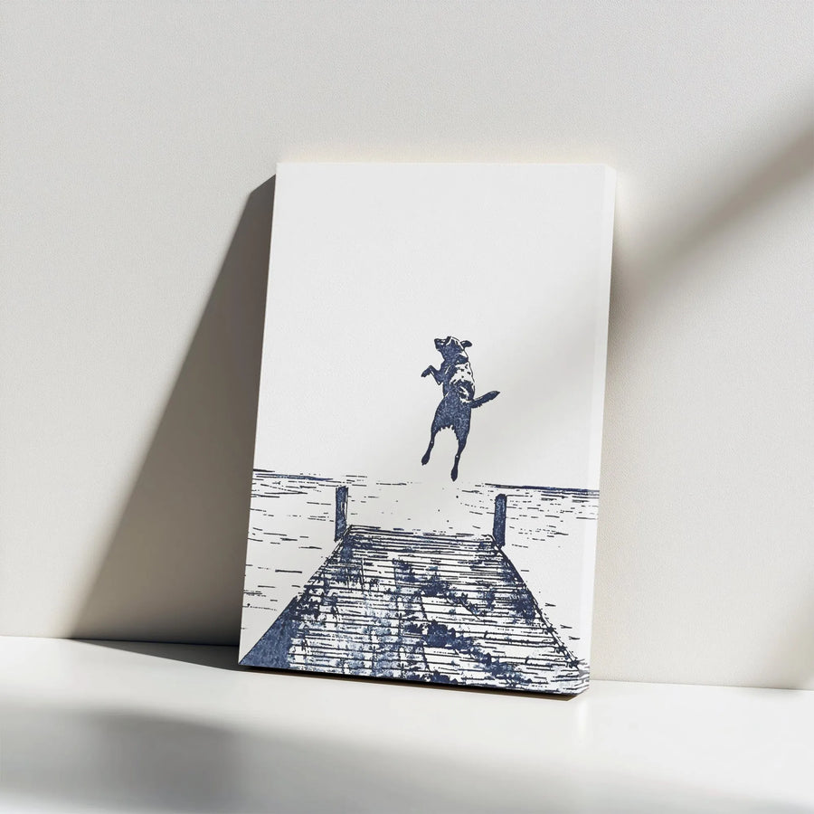 Jumping Dog Canvas Wall Art | Minimalist Lake House Dock Sketch | Premium Gallery Wrap Decor | Coastal Farmhouse Gift for Dog Lovers