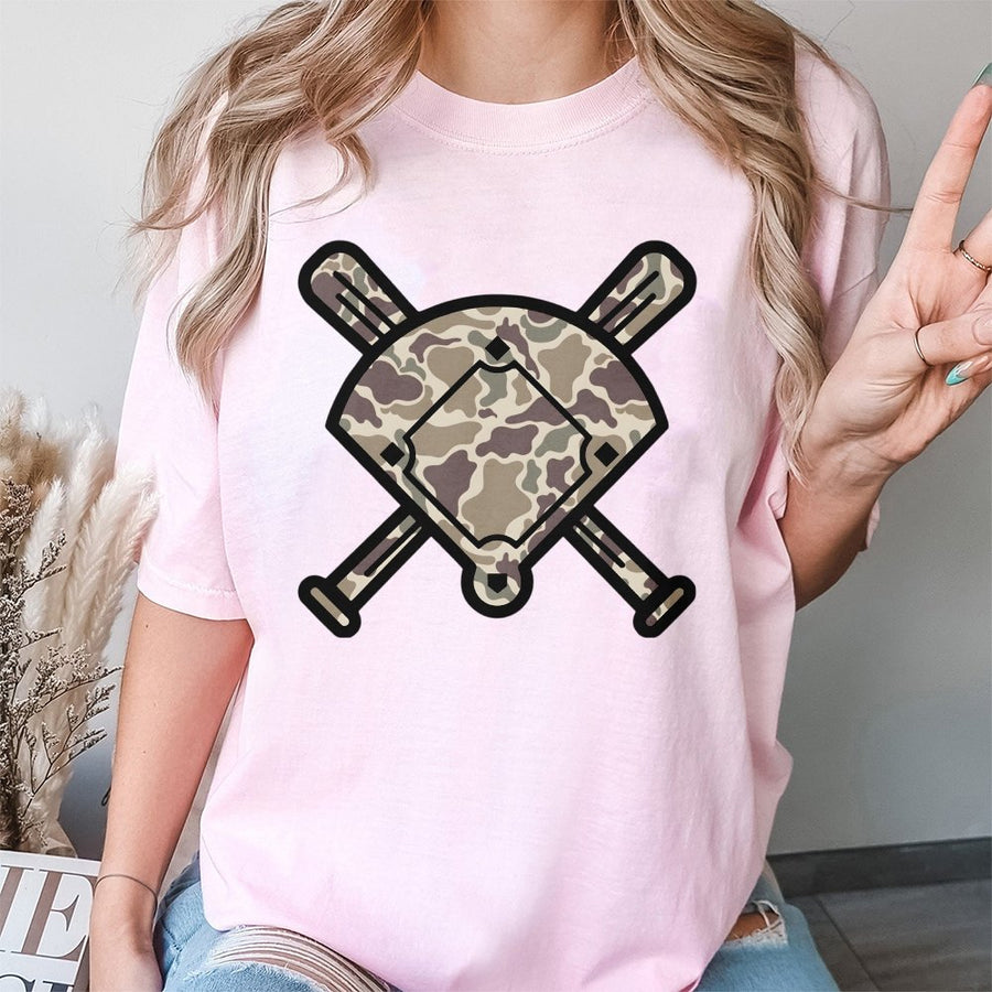 Baseball Camo T-Shirt | Crossed Bats and Field Graphic | Premium Soft Cotton | Sporty Gift for Baseball Fans and Players