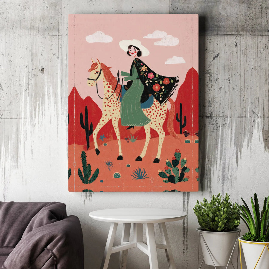 Cowgirl Wall Art Canvas | Southwestern Folk Art Desert Scene | Premium Gallery Wrap Print | Western Home Decor Gift For Her