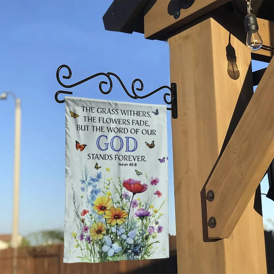 Christian Garden Flag | Isaiah 40:8 Bible Verse with Watercolor Wildflowers | Premium Double Sided Fabric | Religious Yard Decor Gift
