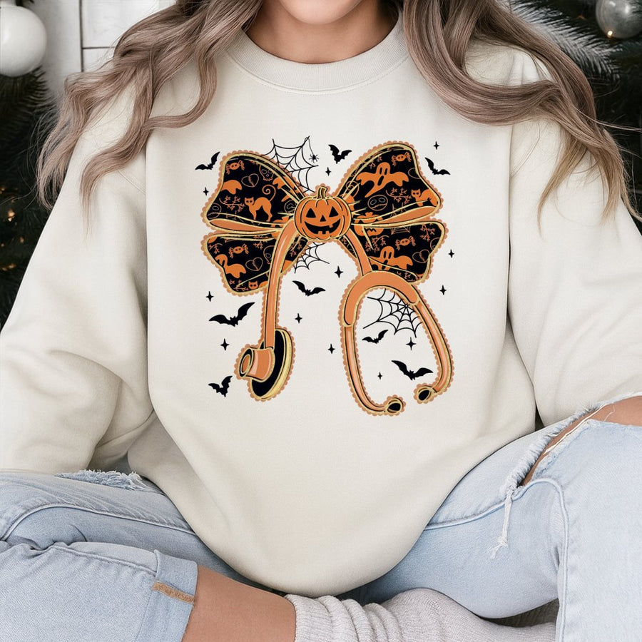 Halloween Nurse Sweatshirt | Pumpkin Bow Stethoscope Graphic | Premium Cotton Blend | Spooky Fall Medical Apparel Gift for RN Student