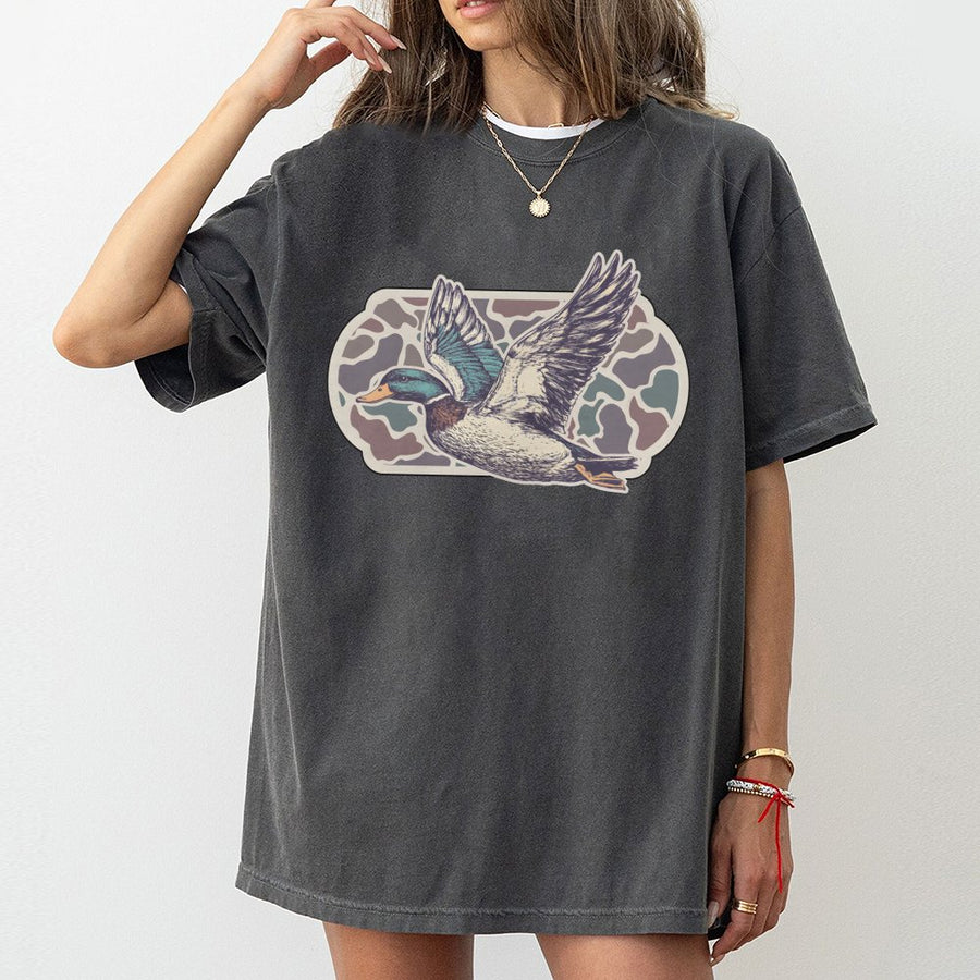 Flying Mallard Duck T-Shirt | Vintage Hunting Camo Graphic | Premium 100% Cotton | Outdoor Nature Gift for Hunters and Duck Lovers