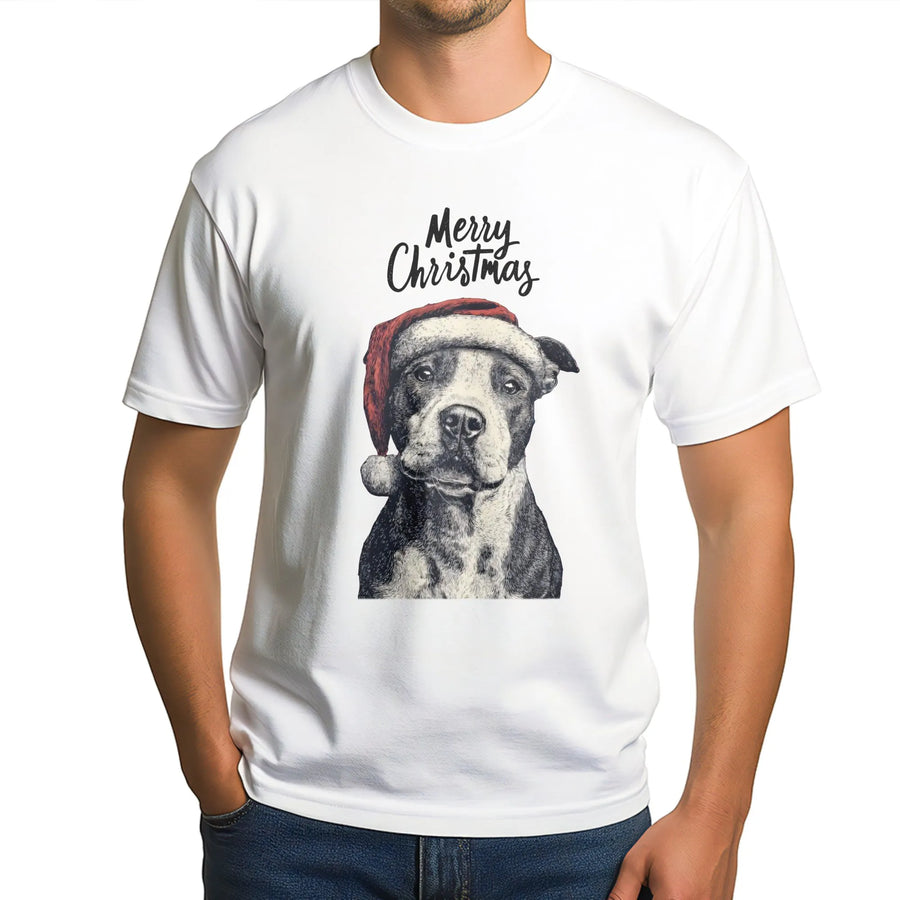 Pitbull Christmas T-Shirt | Santa Hat Dog Graphic Print | Premium Soft Cotton Tee | Cute Holiday Gift for American Pit Bull Terrier Lovers