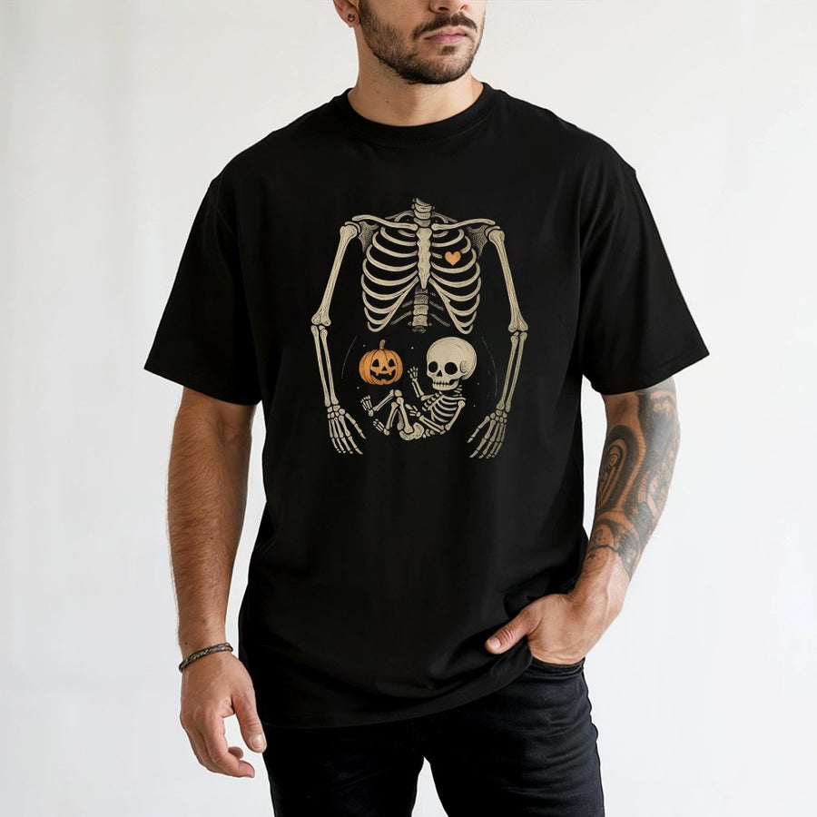 Skeleton Pumpkin Maternity T-Shirt | Spooky Pregnancy Announcement Graphic | 100% Cotton Premium Tee | Halloween Gift For Mom To Be