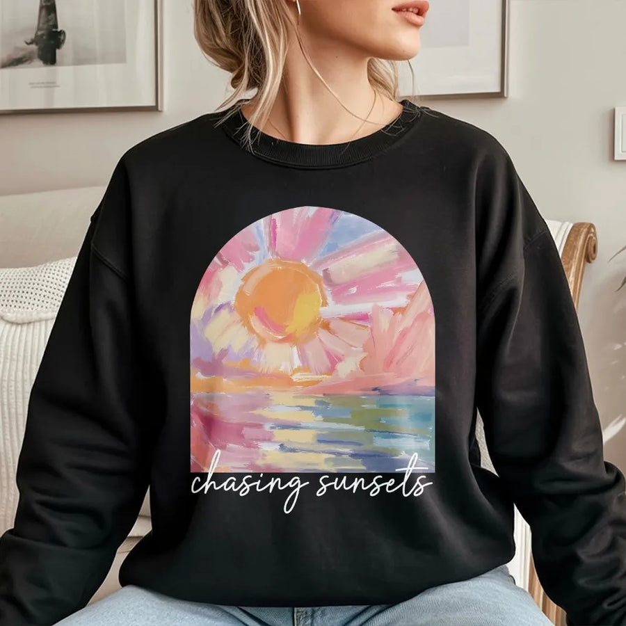 Chasing Sunsets Sweatshirt | Boho Beach Vacation Graphic Tee | Premium Comfort Colors Cotton | Trendy Summer Gift for Her