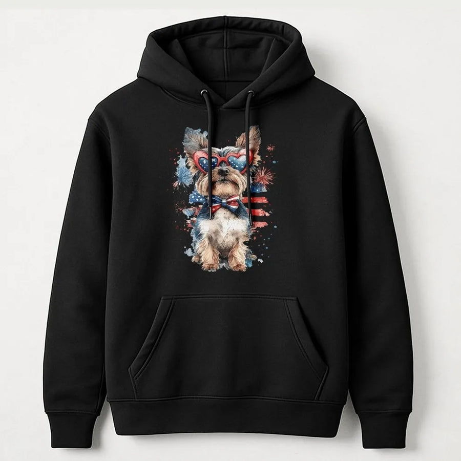 Patriotic Dog Hoodie | Watercolor Pup with USA Flag Sunglasses | Premium Cotton-Blend Sweatshirt | 4th of July Gift for Dog Lover