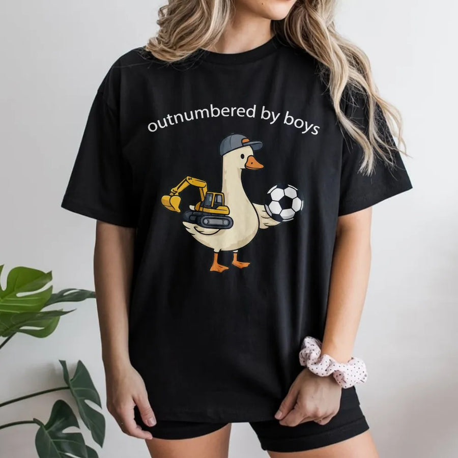 Funny Boy Mom T-Shirt | Outnumbered By Boys Goose Graphic | Soft Cotton Unisex Tee | Mothers Day Gift for Soccer Moms