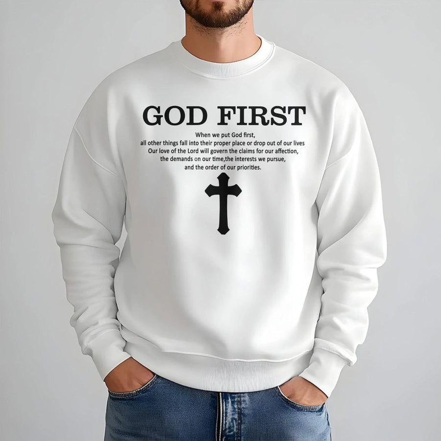 God First Christian Sweatshirt | Inspirational Quote With Cross Graphic | Premium Cotton Blend | Gift For Believers Men Women Unisex Apparel