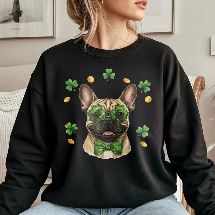 French Bulldog St. Patrick's Day Sweatshirt | Funny Clover Glasses Graphic | Premium Cotton Blend | Lucky Dog Mom Gift