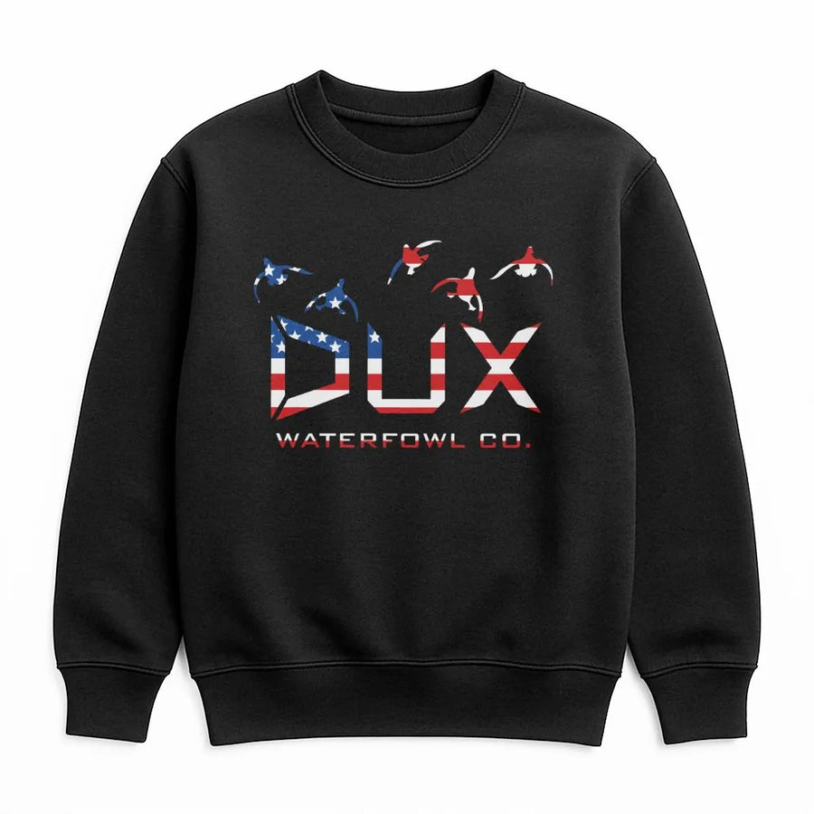Duck Hunting Sweatshirt | Patriotic USA Flag Dux Waterfowl Design | Premium Unisex Crewneck | Gift for Duck Hunters and Outdoor Enthusiasts