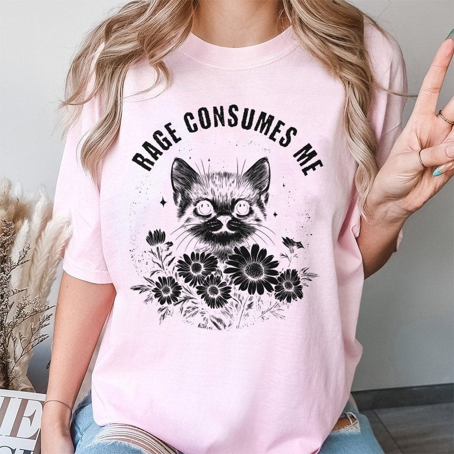 Rage Consumes Me Cat T-Shirt | Funny Aesthetic Kitten Floral Graphic Tee | Premium 100% Cotton Apparel | Cute Meme Gift for Cat Lovers