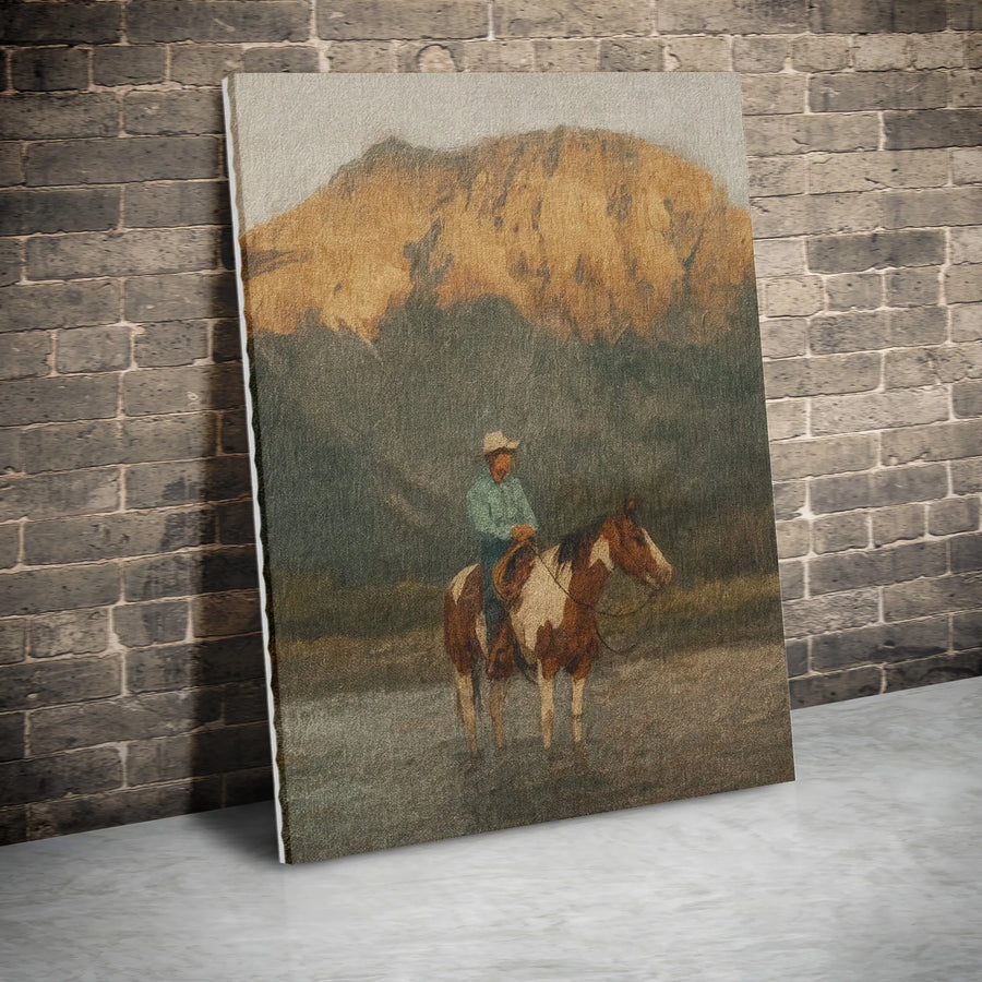 Western Cowboy Canvas Art | Moody Mountain Landscape Wall Decor | Premium Gallery Wrap Print | Rustic Ranch Home Office Gift