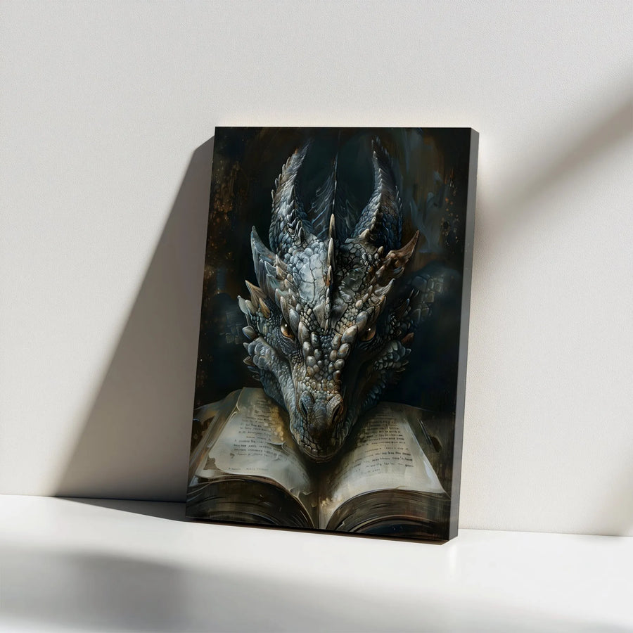 Fantasy Dragon Vertical Canvas | Gothic Dragon Over Ancient Tome | Premium 1.25" Thick Canvas | Collector's Gift for Fantasy Lovers