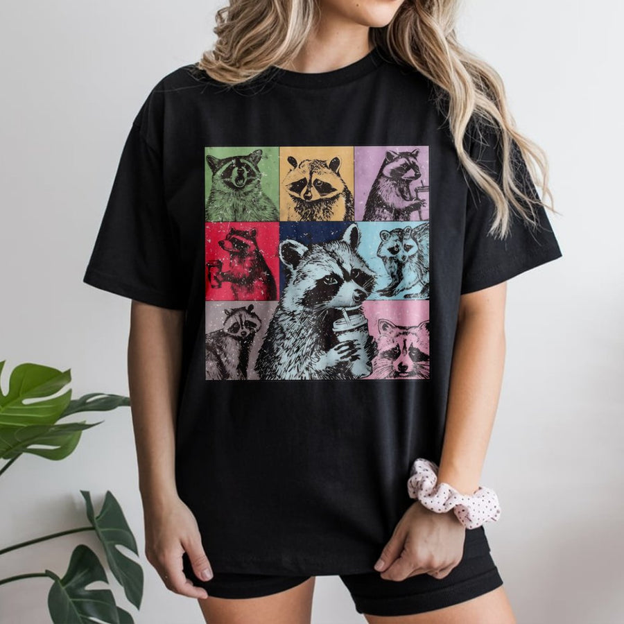 Raccoon Coffee T-Shirt | Pop Art Trash Panda Aesthetic | Premium Cotton Graphic Tee | Funny Animal Lover Gift For Men And Women