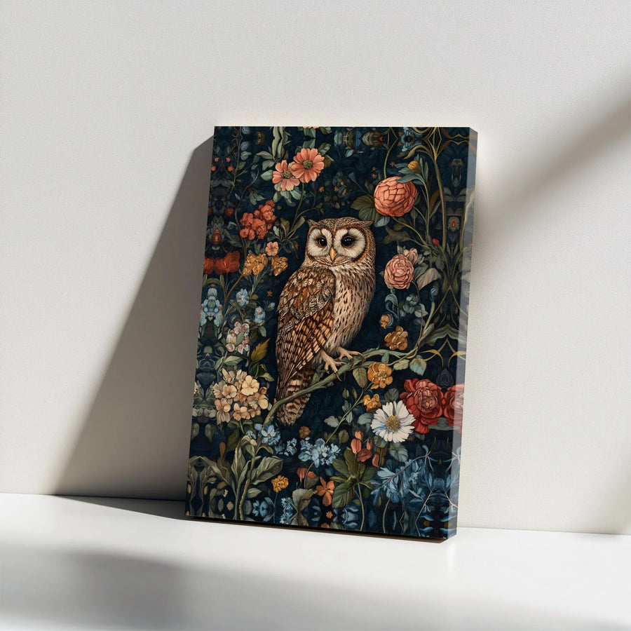 Vintage Owl Wall Art | Dark Floral Botanical Illustration | Premium Gallery Wrapped Canvas | Cottagecore & Dark Academia Home Decor Gift