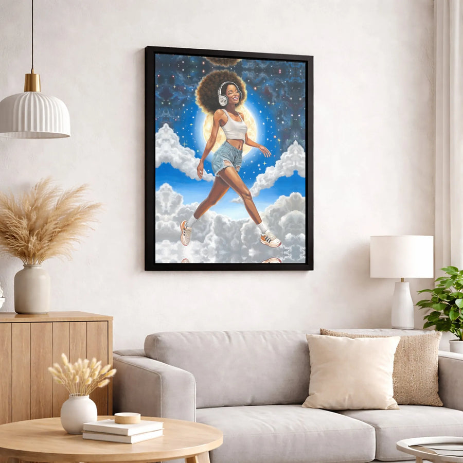Black Woman Canvas Print | Afro Art Headphones Cloud Walk | Premium Gallery Wrap Wall Decor | Uplifting Empowerment Gift For Her