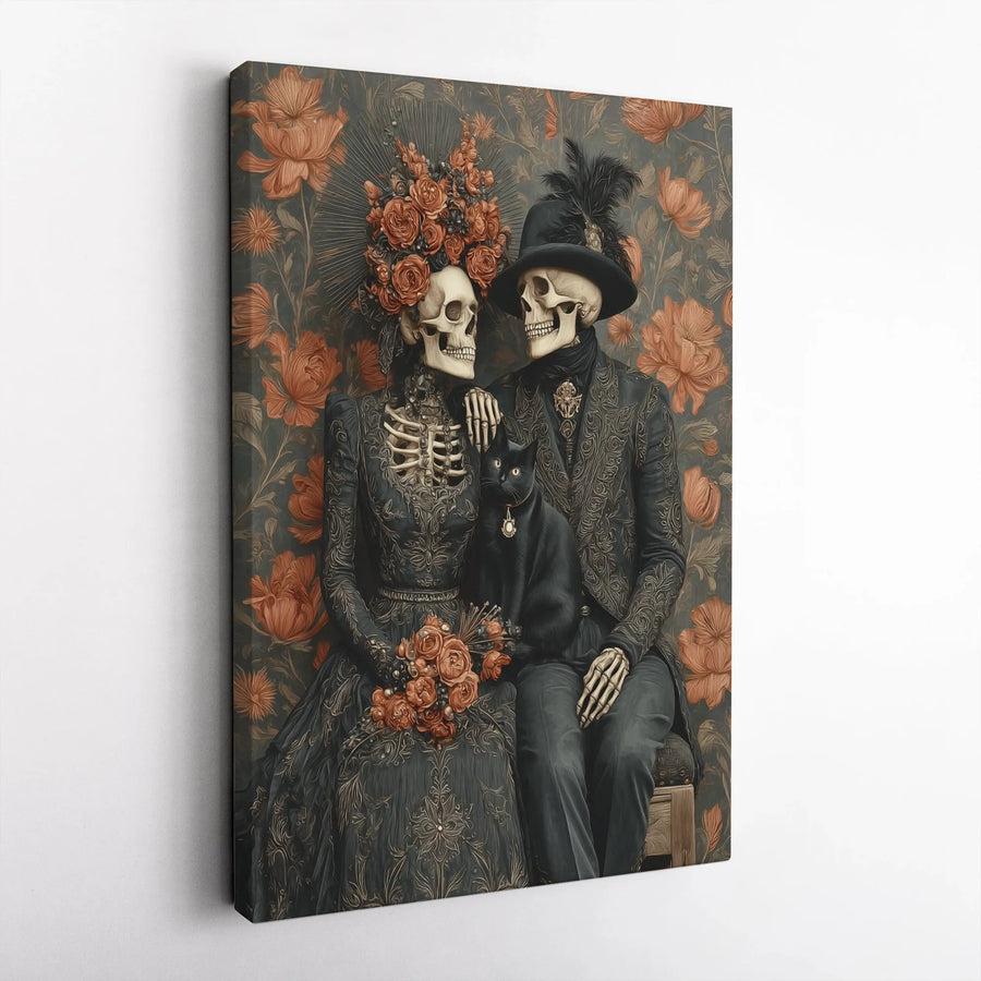 Skeleton Couple Canvas Wall Art | Victorian Gothic Portrait with Black Cat | Premium Canvas Print | Unique Gothic Home Decor Gift