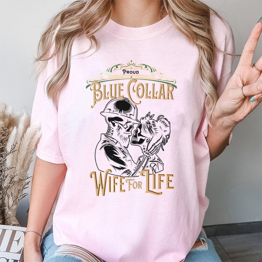 Blue Collar Wife T-Shirt | Skeleton Couple Construction Design | Premium 100% Cotton Tee | Gift for Tradesman Wife, Construction Couple Apparel