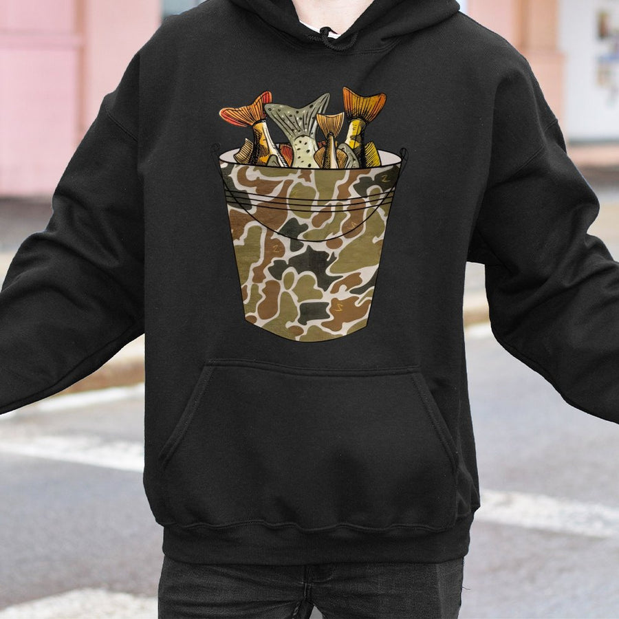 Fishing Hoodie | Camo Bucket Catch Graphic | Premium Cotton Blend Pullover | Outdoorsman Gift for Men and Women