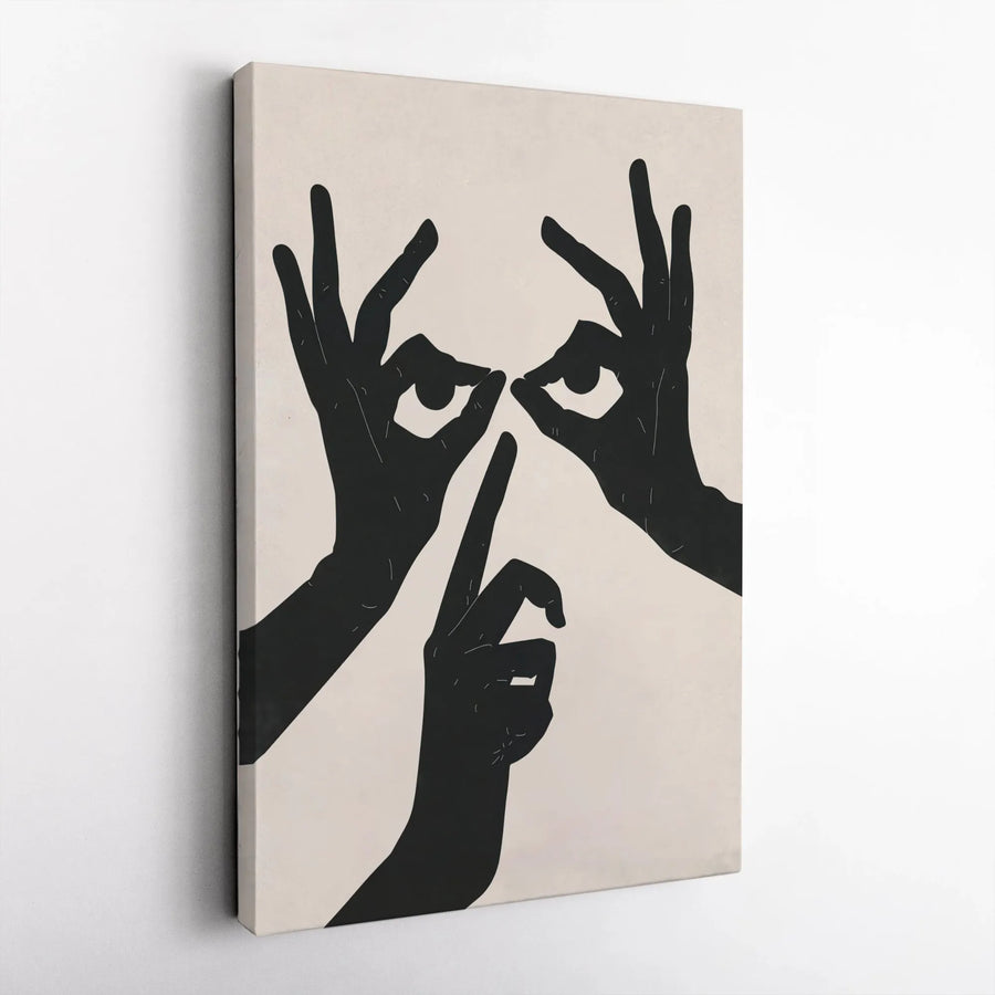 Abstract Face Canvas Wall Art | Minimalist Hands Shushing Design | Premium Gallery Wrap 1.25" Profile | Modern Home Decor Gift