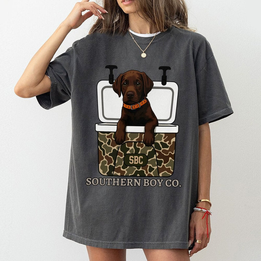 Chocolate Labrador T-Shirt | Camo Cooler Dog Graphic Design | Premium Cotton Apparel | Gift for Dog Dad Hunter Outdoor Enthusiast