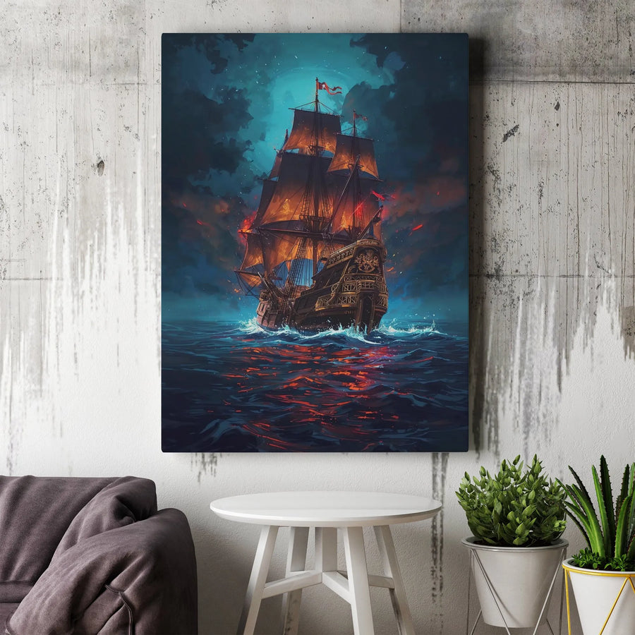 Ghost Ship Wall Art | Fiery Pirate Vessel on Stormy Sea | Gallery Wrapped Premium Canvas | Dramatic Nautical Home Decor Gift