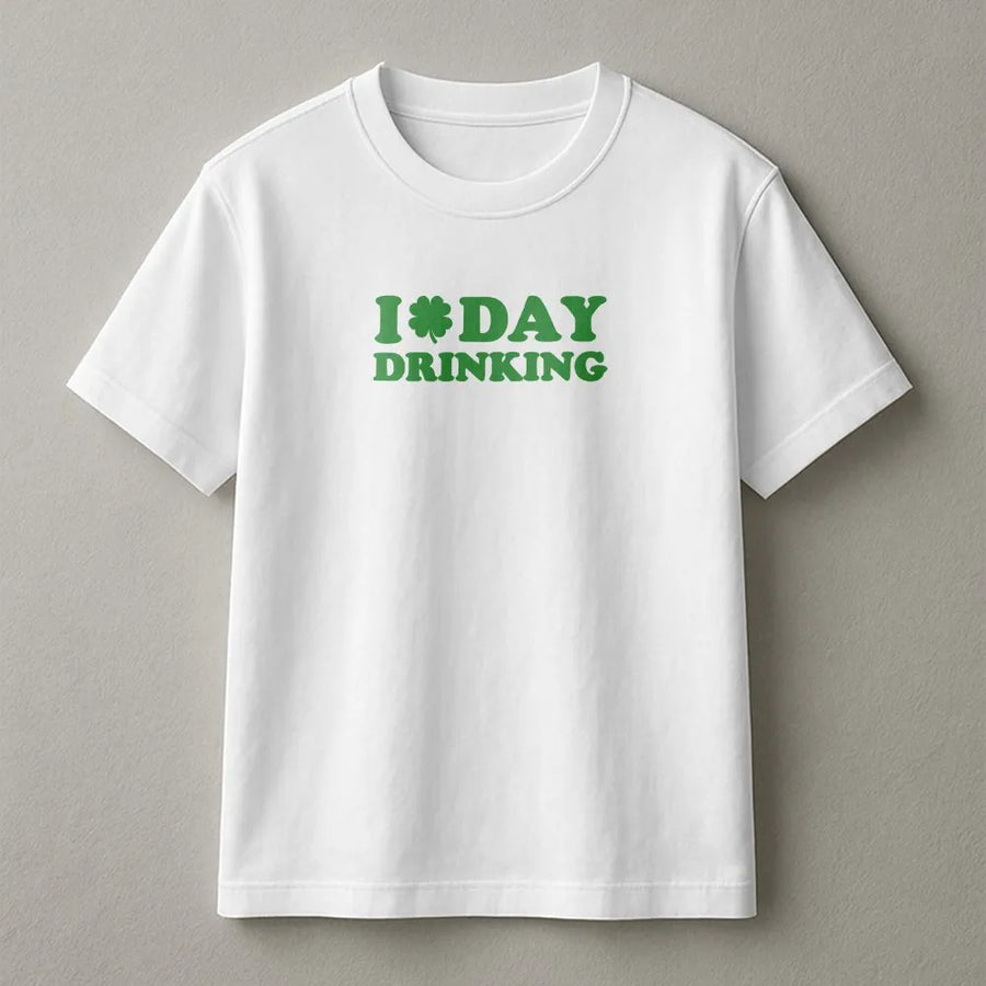 I Love Day Drinking T-Shirt | Funny St. Patricks Day Shamrock Graphic | 100% Cotton Premium Tee | Unique Gift for Irish Party Lovers