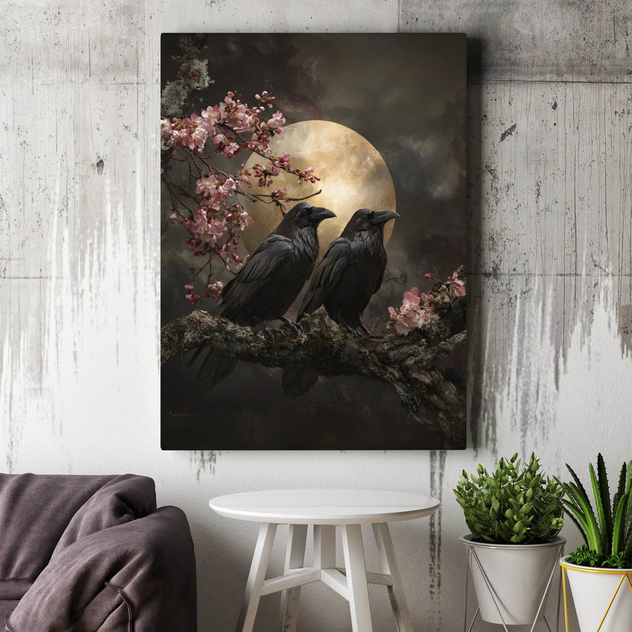 Raven Wall Art | Gothic Cherry Blossom Moon Canvas Print | Gallery Quality 1.25-Inch Profile | Dark Academia Home Decor Gift