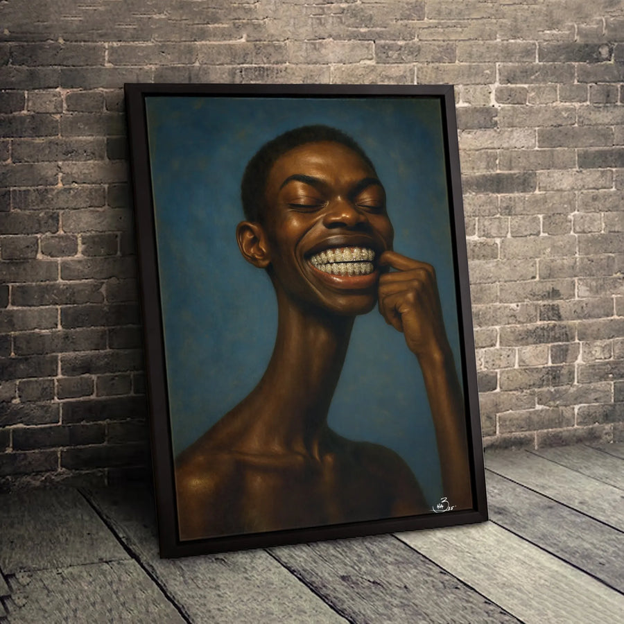Smiling Black Man Canvas Art | Diamond Grillz Portrait Print | Premium Gallery Wrap Wall Decor | Modern Urban Home Interior Gift