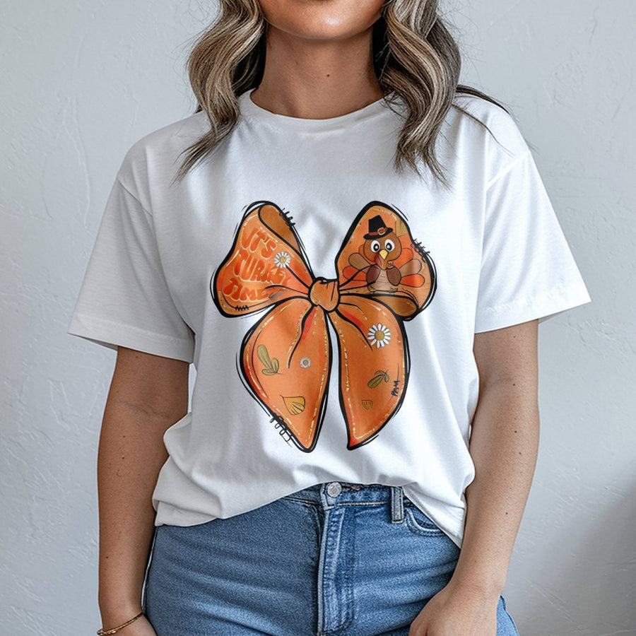 Thanksgiving Turkey T-Shirt | Boho Bow Graphic With Its Turkey Time Text | Premium Soft Cotton | Festive Fall Outfit Gift For Women
