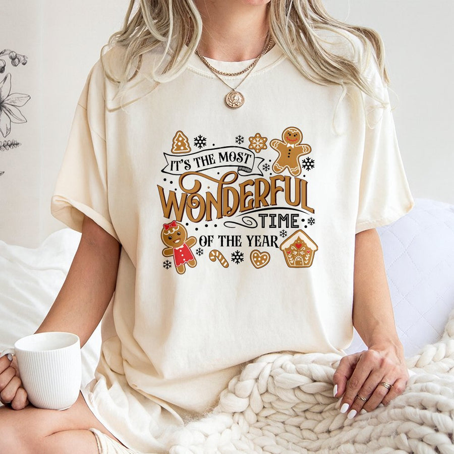 Christmas Gingerbread T-Shirt | It's The Most Wonderful Time Graphic | 100% Cotton Premium Tee | Festive Holiday Gift For Women Men