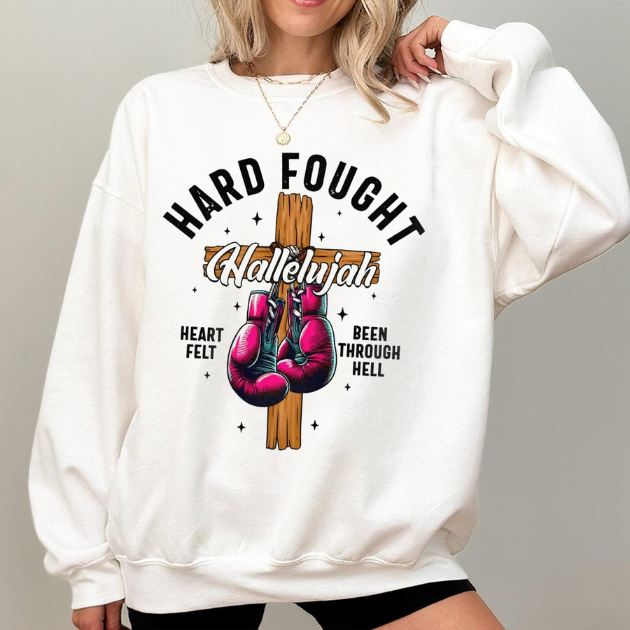 Hard Fought Hallelujah Sweatshirt | Christian Faith Boxing Gloves Graphic | Premium Cotton Blend | Inspirational Religious Gift for Believers