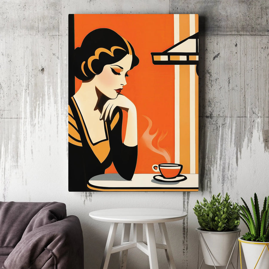 Art Deco Woman Coffee Wall Art | Vintage Cafe Poster Print | Premium Gallery Wrapped Canvas | Elegant Home Decor Gift