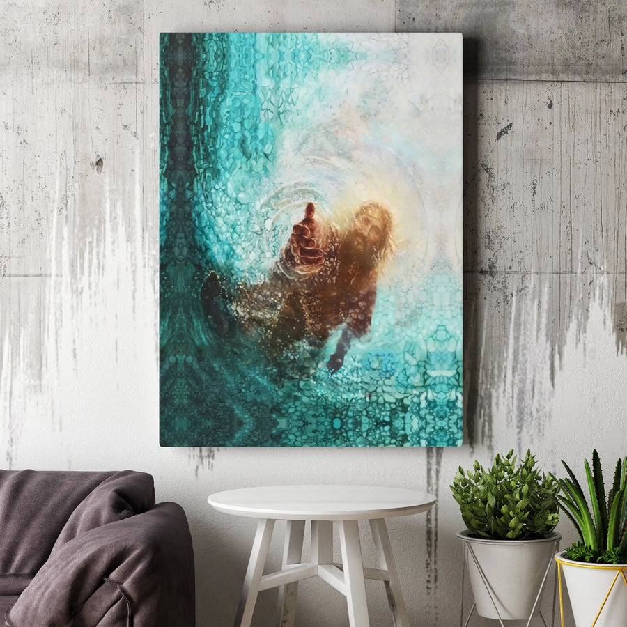 Jesus Reaching Hand From Water Canvas | Christian Wall Art | Premium Gallery-Wrapped Print | Religious Home Decor Gift