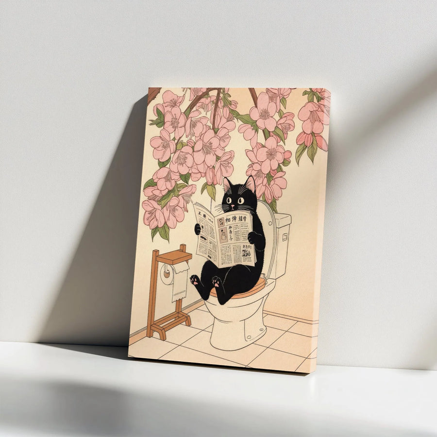 Cat Reading Newspaper on Toilet Vertical Canvas | Funny Japanese Ukiyo-e Style Wall Art | Premium Canvas Print | Unique Bathroom Decor Gift for Cat Lovers