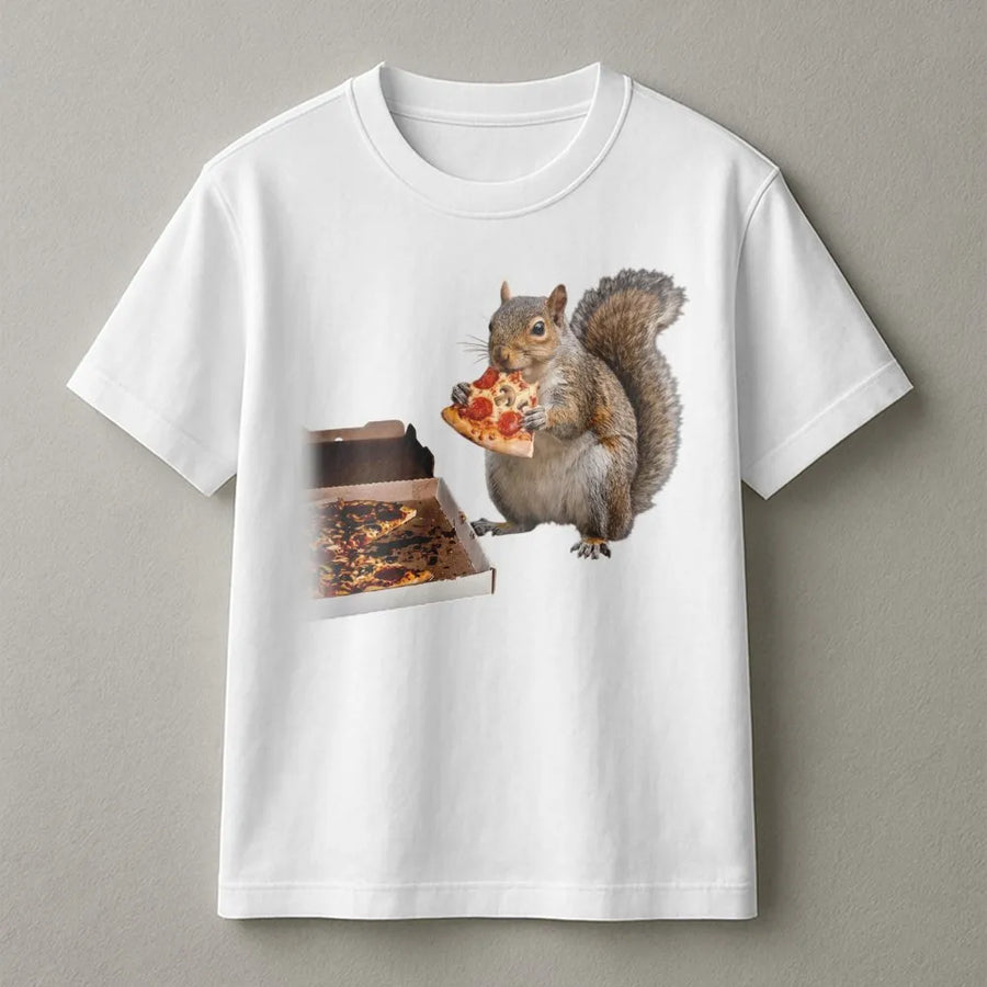Squirrel Eating Pizza T-Shirt | Funny Animal Graphic Tee | 100% Cotton Premium Quality | Unique Gift for Pizza Lovers and Wildlife Fans
