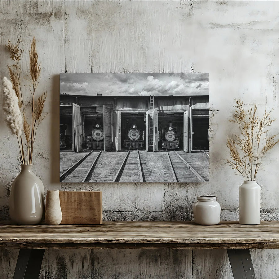 Vintage Steam Train Wall Art | Black and White Railroad Depot Photography | Gallery-Quality Canvas Print | Gift for Train Enthusiasts and Collectors