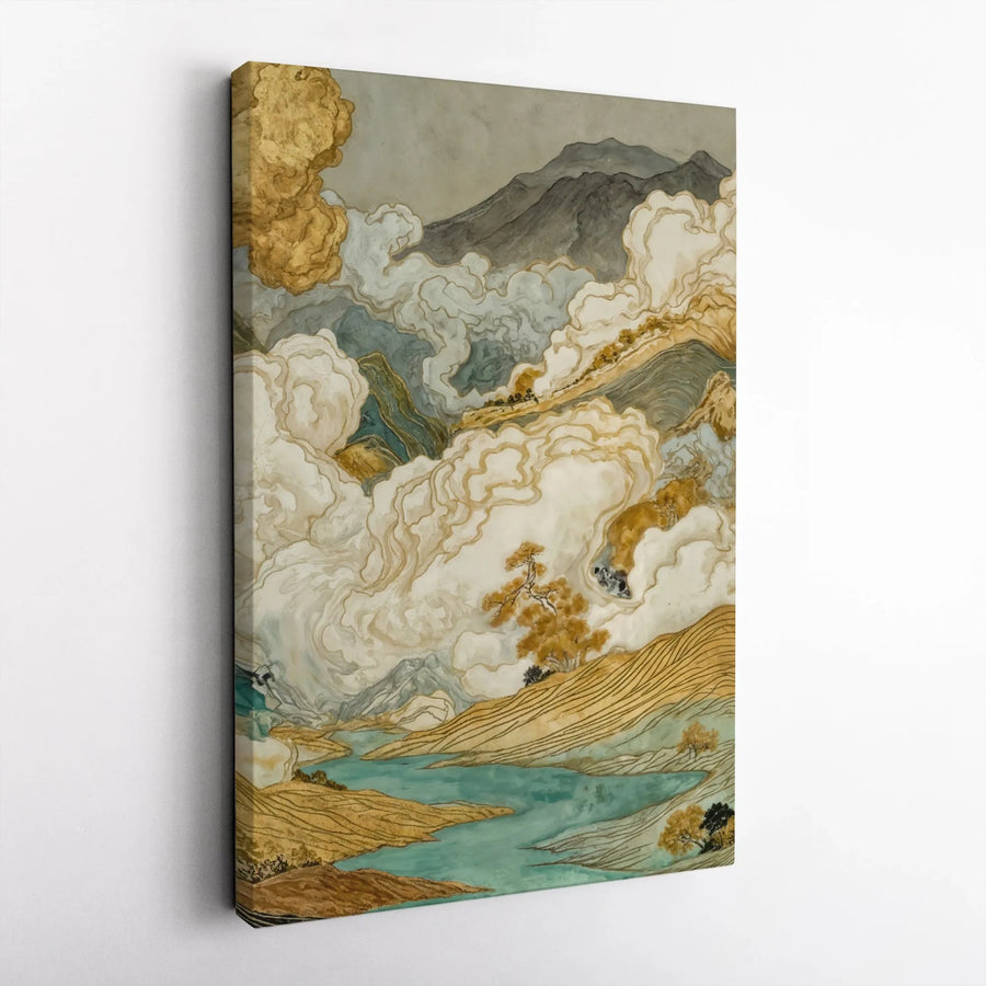 Vintage Japanese Landscape Vertical Canvas | Gold Clouds & Teal Mountain River Print | Premium 1.25” Gallery Wrap Profile | Zen Office & Home Decor Gift