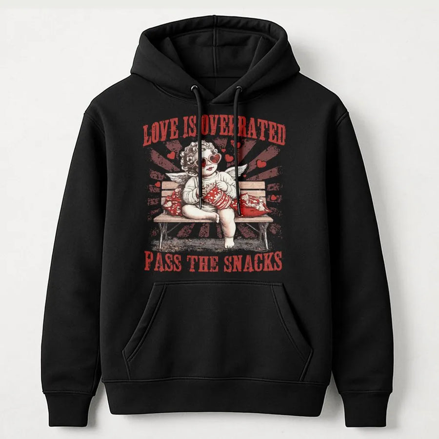 Love Is Overrated Hoodie | Funny Anti Valentine Cupid Graphic | Soft Premium Cotton Blend | Sarcastic Gift for Her Him