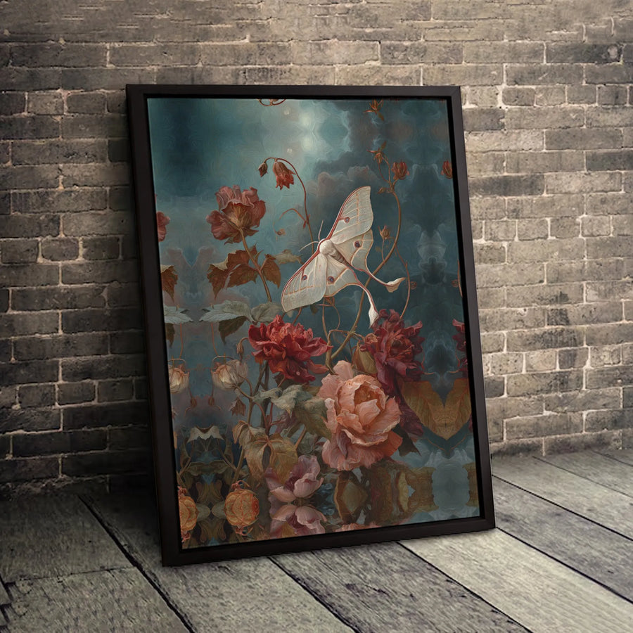 Luna Moth Wall Art | Vintage Dark Floral Botanical Oil Painting Print | Gallery-Quality 1.25" Canvas | Moody Nature Decor for Home or Office