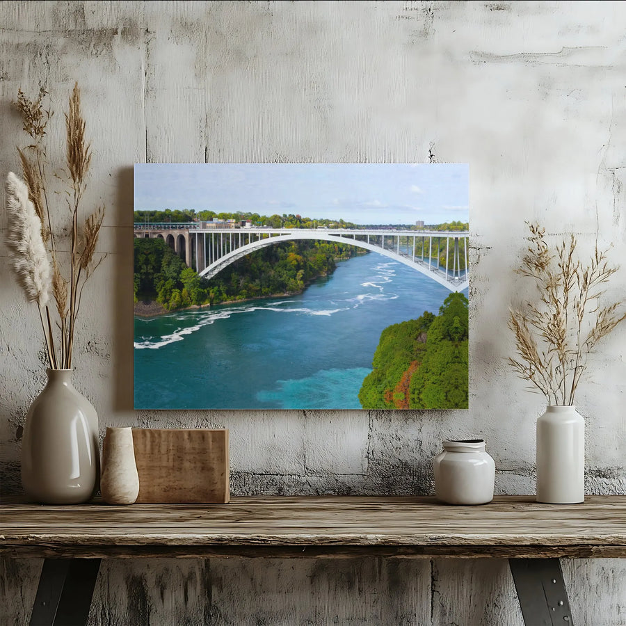 Niagara River Rainbow Bridge Canvas | Turquoise Gorge Landscape Art | 1.25 Inch Gallery Wrap | Premium Travel Home Decor Wall Print